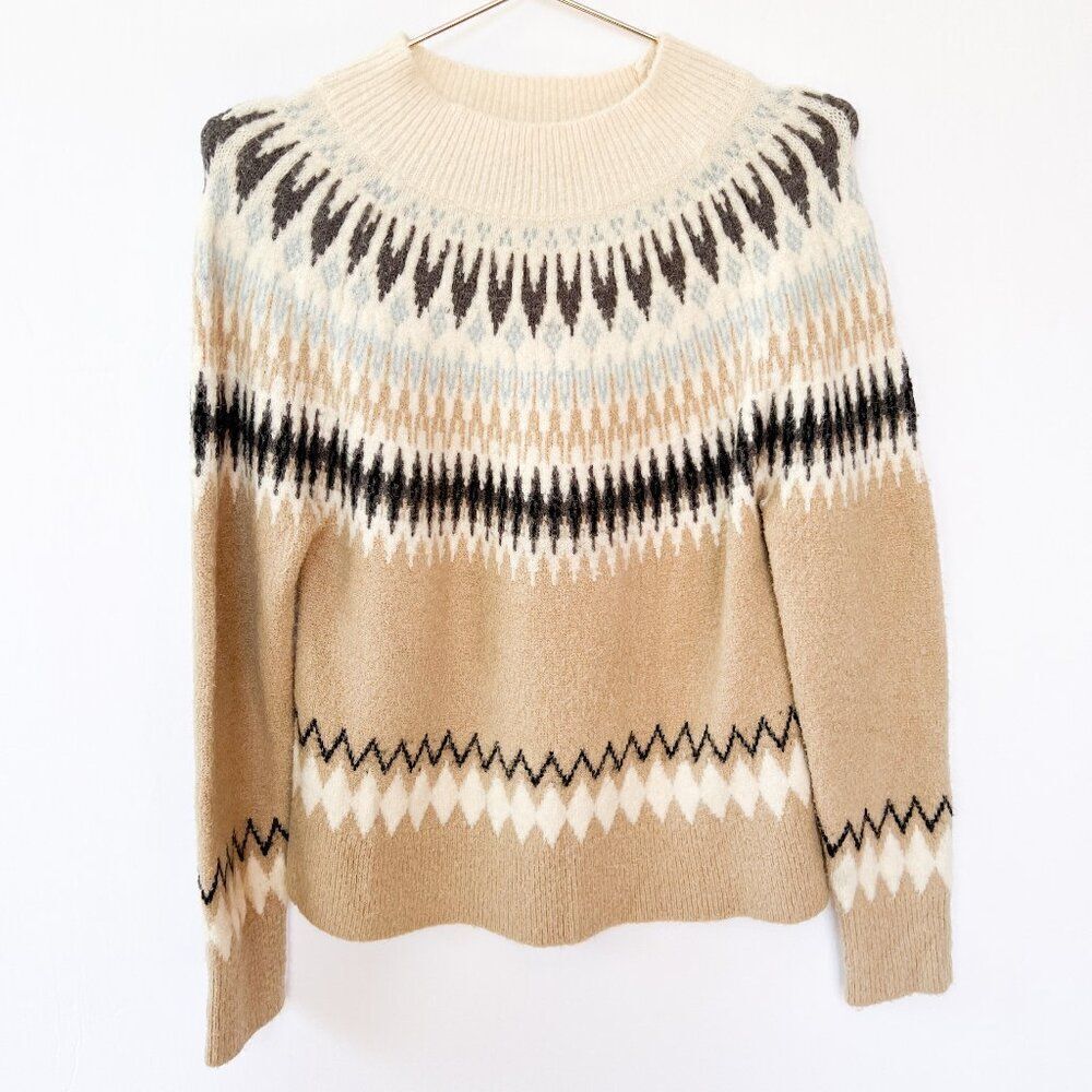 Cable Stitch Mock Neck Fair Isle Tan Gray White Blue Sweater Small